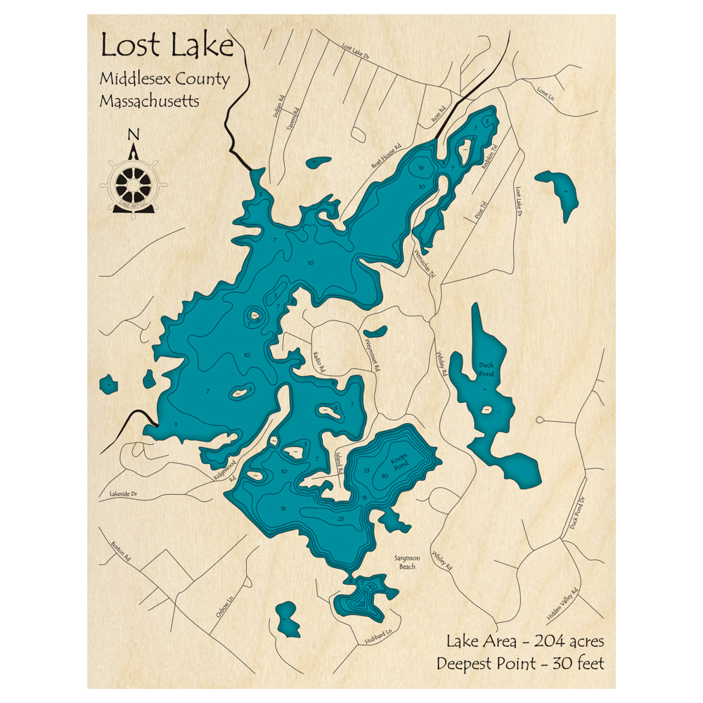 Bathymetric topo map of Lost Lake, MA with roads, towns and depths noted in blue water.