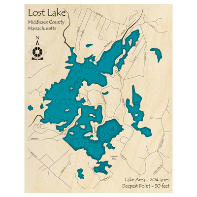 Bathymetric topo map of Lost Lake, MA with roads, towns and depths noted in blue water.