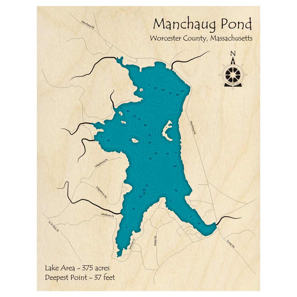 Bathymetric topo map of Manchaug Pond, MA with roads, towns and depths noted in blue water.