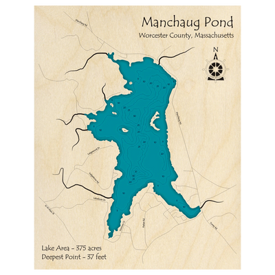 Bathymetric topo map of Manchaug Pond, MA with roads, towns and depths noted in blue water.