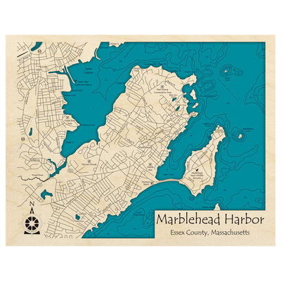 Bathymetric topo map of Marblehead Harbor, MA with roads, towns and depths noted in blue water.