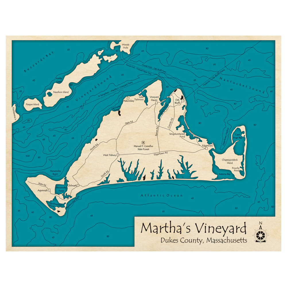 Bathymetric topo map of Marthas Vineyard, MA with roads, towns and depths noted in blue water.