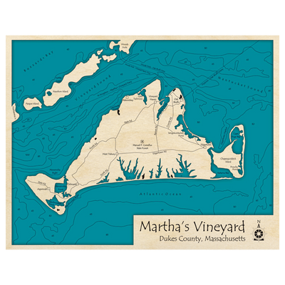 Bathymetric topo map of Marthas Vineyard, MA with roads, towns and depths noted in blue water.