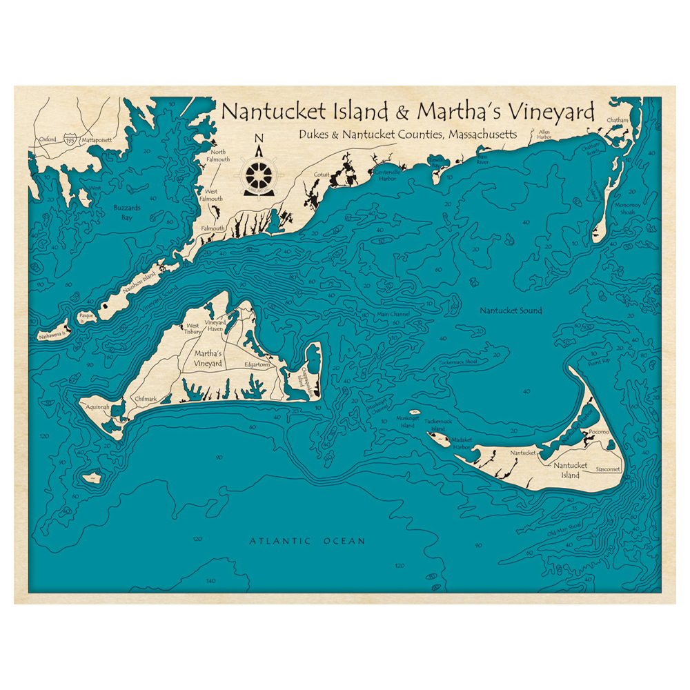 Bathymetric topo map of Nantucket Island and Marthas Vineyard, MA with roads, towns and depths noted in blue water.