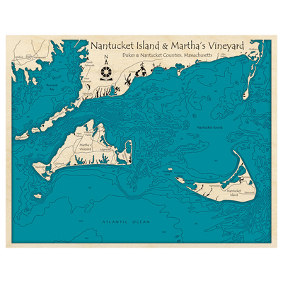Bathymetric topo map of Nantucket Island and Marthas Vineyard, MA with roads, towns and depths noted in blue water.