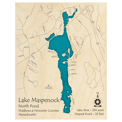 Bathymetric topo map of Lake Maspenock, MA with roads, towns and depths noted in blue water.