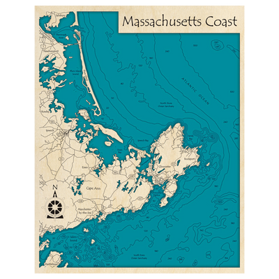 Bathymetric topo map of MA Coast and Cape Ann, MA with roads, towns and depths noted in blue water.