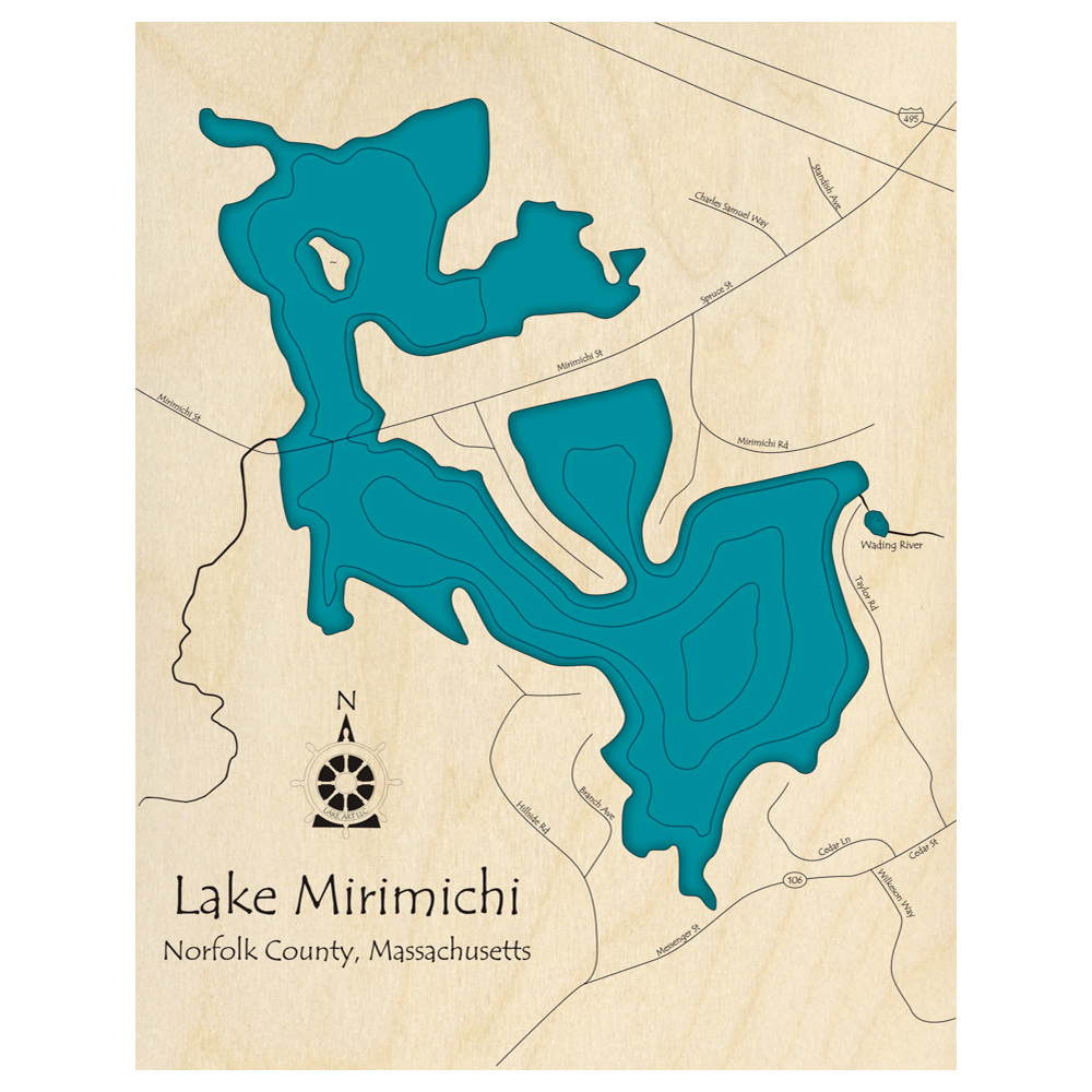 Bathymetric topo map of Lake Mirimichi, MA with roads, towns and depths noted in blue water.