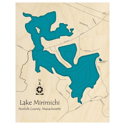 Bathymetric topo map of Lake Mirimichi, MA with roads, towns and depths noted in blue water.