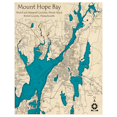 Bathymetric topo map of Mount Hope Bay, MA with roads, towns and depths noted in blue water.
