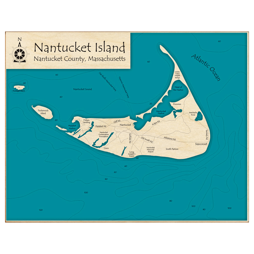 Bathymetric topo map of Nantucket Island, MA with roads, towns and depths noted in blue water.