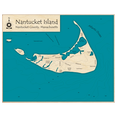 Bathymetric topo map of Nantucket Island, MA with roads, towns and depths noted in blue water.