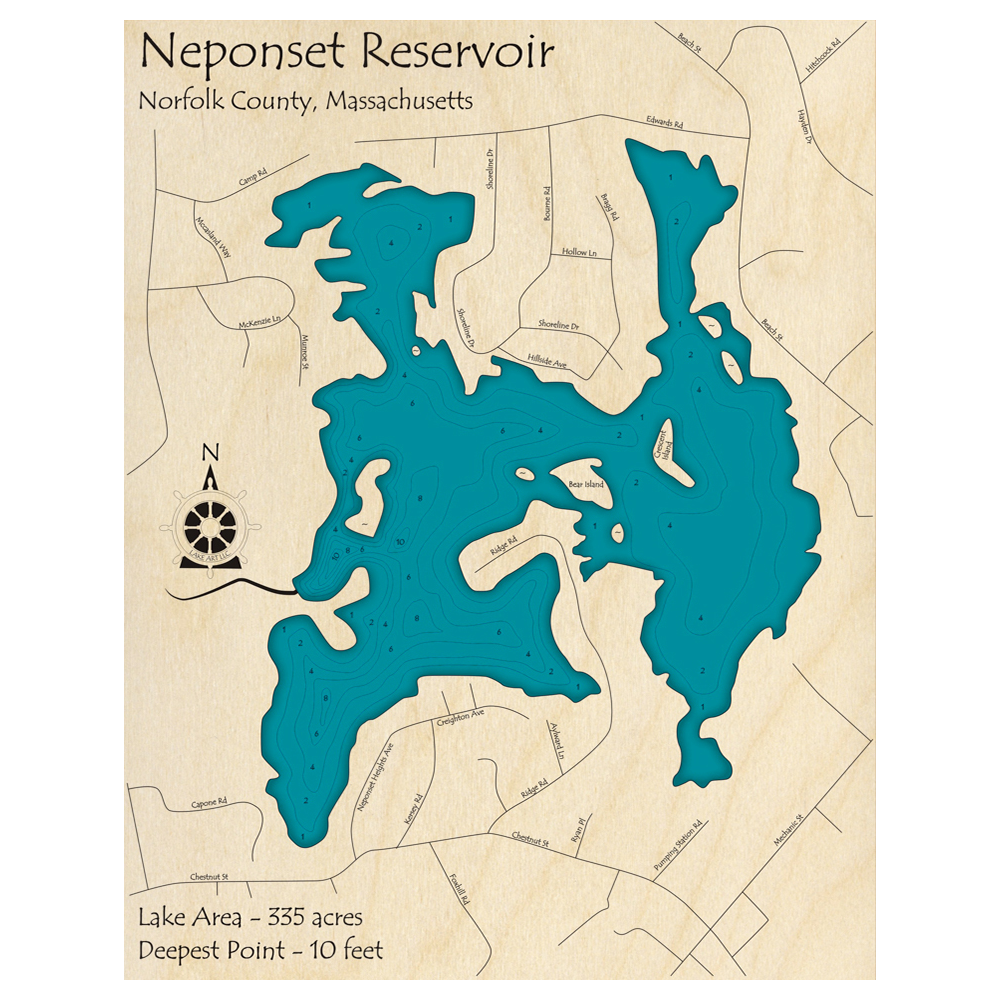 Bathymetric topo map of Neponset Reservoir, MA with roads, towns and depths noted in blue water.