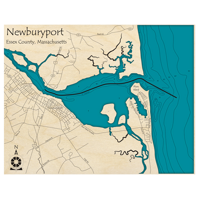Bathymetric topo map of Newburyport, MA with roads, towns and depths noted in blue water.