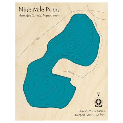 Bathymetric topo map of Nine Mile Pond, MA with roads, towns and depths noted in blue water.