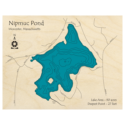 Bathymetric topo map of Nipmuc Pond, MA with roads, towns and depths noted in blue water.