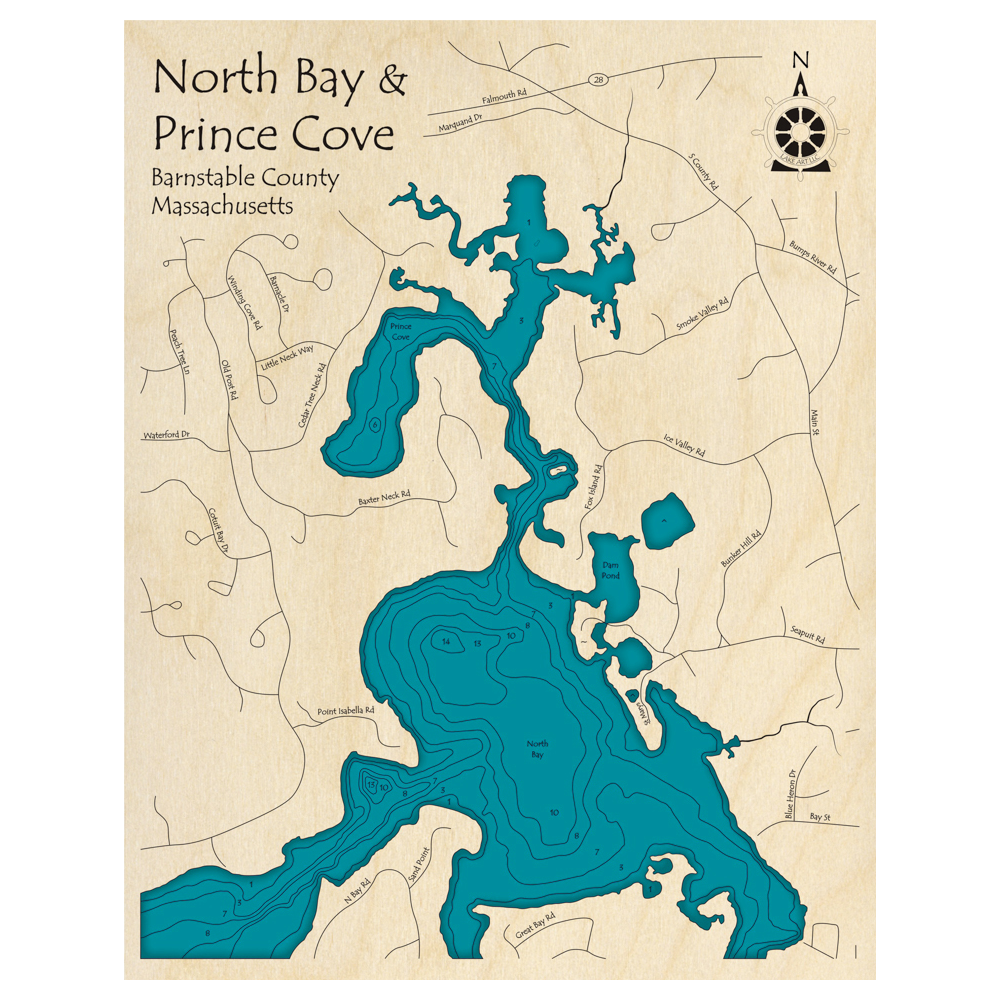 Bathymetric topo map of North Bay and Prince Cove, MA with roads, towns and depths noted in blue water.