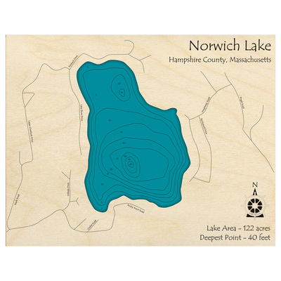 Bathymetric topo map of Norwich Lake, MA with roads, towns and depths noted in blue water.