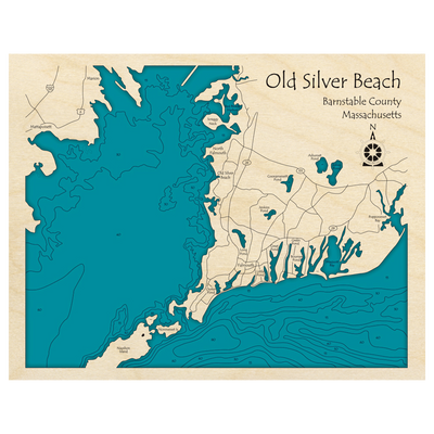 Bathymetric topo map of Old Silver Beach, MA with roads, towns and depths noted in blue water.