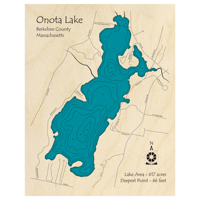 Bathymetric topo map of Onota Lake, MA with roads, towns and depths noted in blue water.