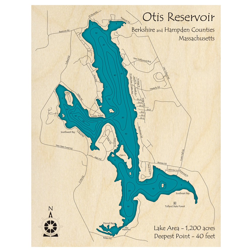 Otis Ridge Map Otis Reservoir, Massachusetts 3D Custom Wood Map – Lake Art LLC