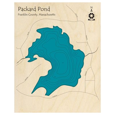 Bathymetric topo map of Packard Pond, MA with roads, towns and depths noted in blue water.