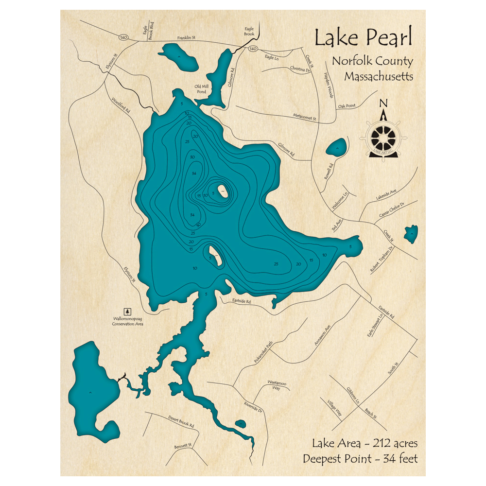 Bathymetric topo map of Lake Pearl, MA with roads, towns and depths noted in blue water.