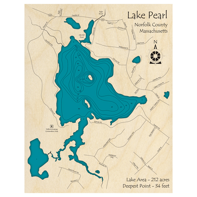 Bathymetric topo map of Lake Pearl, MA with roads, towns and depths noted in blue water.