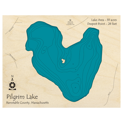 Bathymetric topo map of Pilgrim Lake, MA with roads, towns and depths noted in blue water.