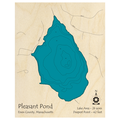 Bathymetric topo map of Pleasant Pond, MA with roads, towns and depths noted in blue water.