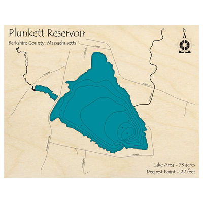 Bathymetric topo map of Plunkett Reservoir, MA with roads, towns and depths noted in blue water.