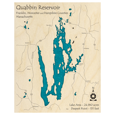 Bathymetric topo map of Quabbin Reservoir, MA with roads, towns and depths noted in blue water.