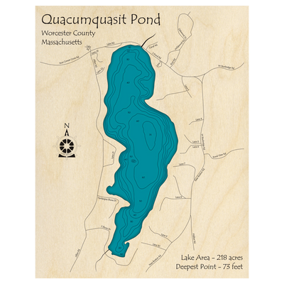 Bathymetric topo map of Quacumquasit Pond, MA with roads, towns and depths noted in blue water.