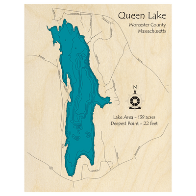 Bathymetric topo map of Queen Lake, MA with roads, towns and depths noted in blue water.