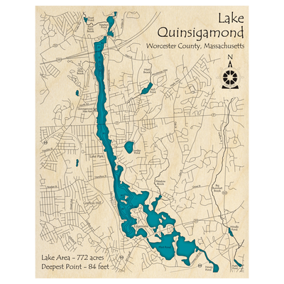 Bathymetric topo map of Lake Quinsigamond, MA with roads, towns and depths noted in blue water.