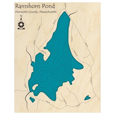 Bathymetric topo map of Ramshorn Pond, MA with roads, towns and depths noted in blue water.