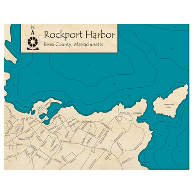 Bathymetric topo map of Rockport Harbor, MA with roads, towns and depths noted in blue water.