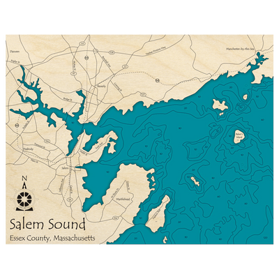 Bathymetric topo map of Salem Sound, MA with roads, towns and depths noted in blue water.