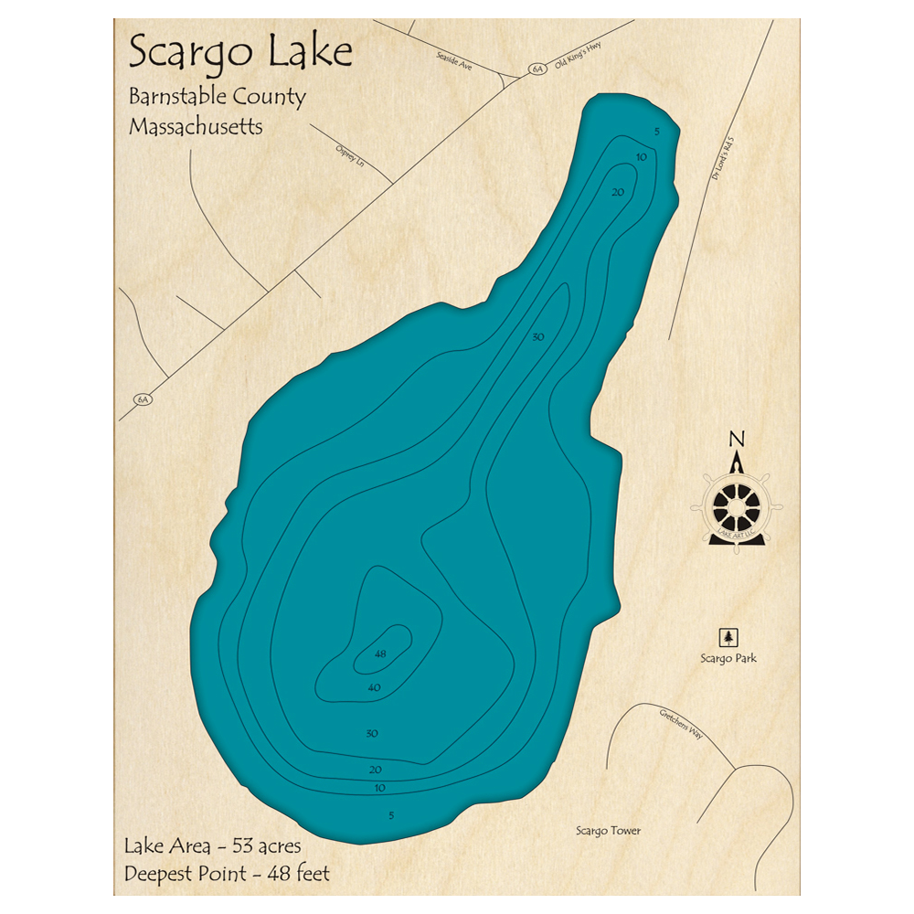 Scargo Lake, Massachusetts 3D Custom Wood Map – Lake Art LLC