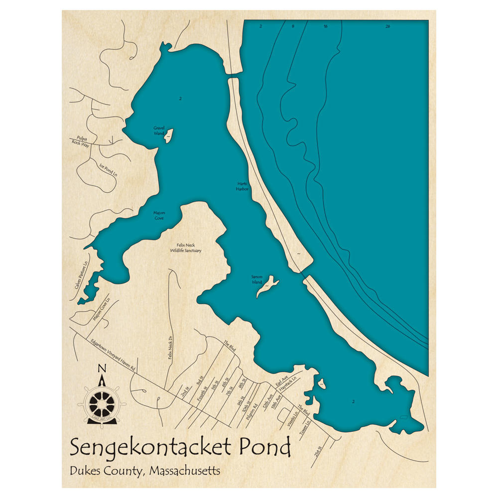 Bathymetric topo map of Sengekontacket Pond, MA with roads, towns and depths noted in blue water.