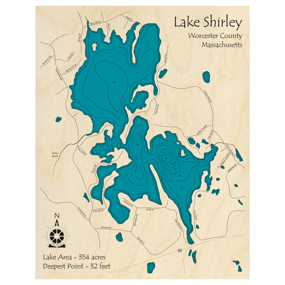 Bathymetric topo map of Lake Shirley, MA with roads, towns and depths noted in blue water.