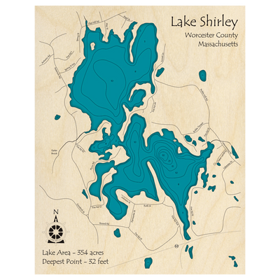 Bathymetric topo map of Lake Shirley, MA with roads, towns and depths noted in blue water.