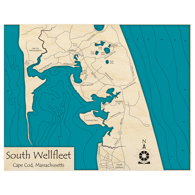 Bathymetric topo map of South Wellfleet, MA with roads, towns and depths noted in blue water.