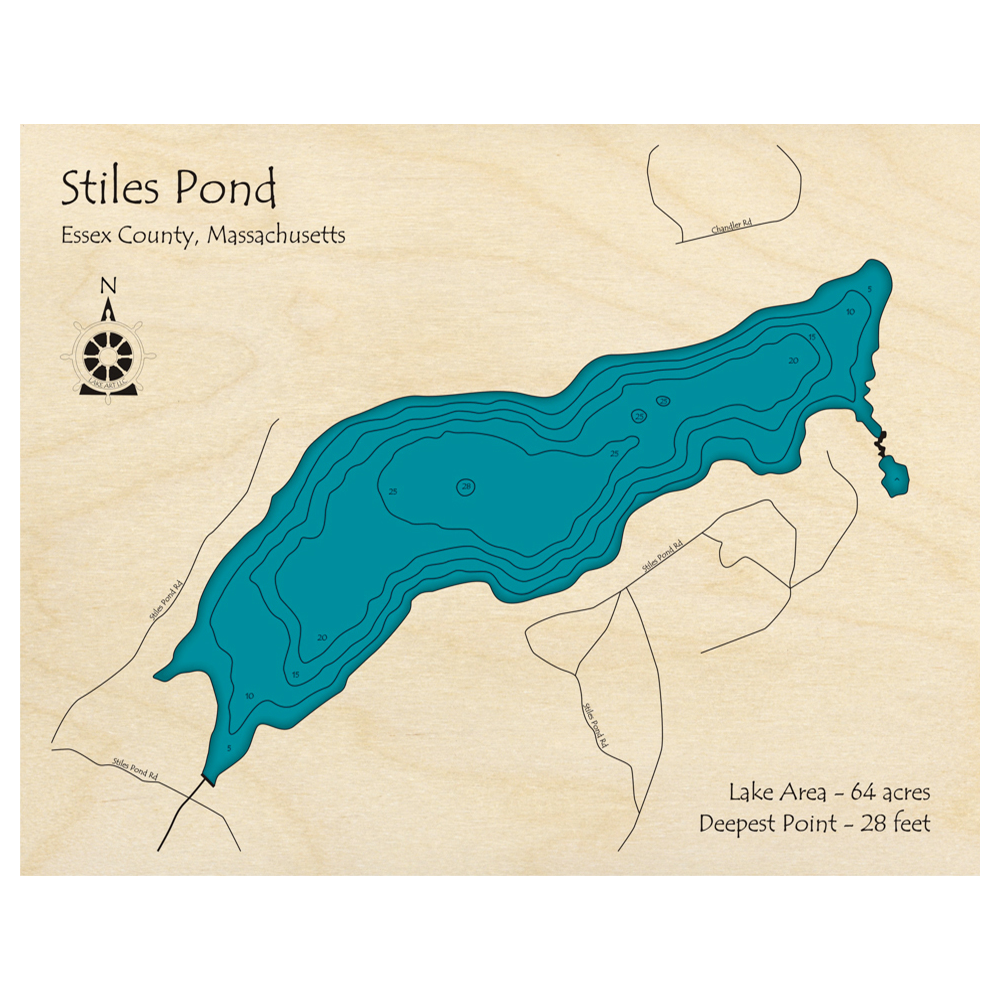Bathymetric topo map of Stiles Pond, MA with roads, towns and depths noted in blue water.