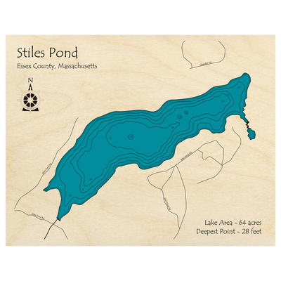 Bathymetric topo map of Stiles Pond, MA with roads, towns and depths noted in blue water.