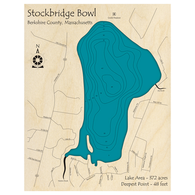 Bathymetric topo map of Stockbridge Bowl, MA with roads, towns and depths noted in blue water.