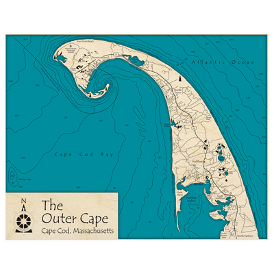 Bathymetric topo map of The Outer Cape, MA with roads, towns and depths noted in blue water.