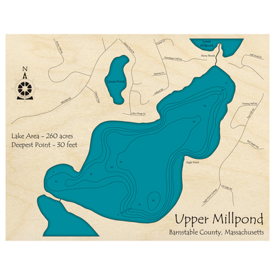 Bathymetric topo map of Upper Millpond, MA with roads, towns and depths noted in blue water.