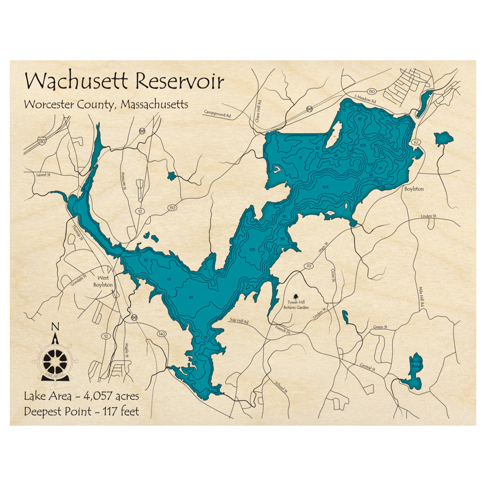Bathymetric topo map of Wachusett Reservoir, MA with roads, towns and depths noted in blue water.