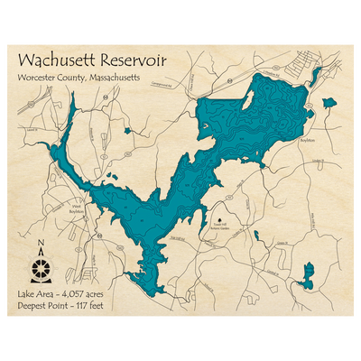 Bathymetric topo map of Wachusett Reservoir, MA with roads, towns and depths noted in blue water.